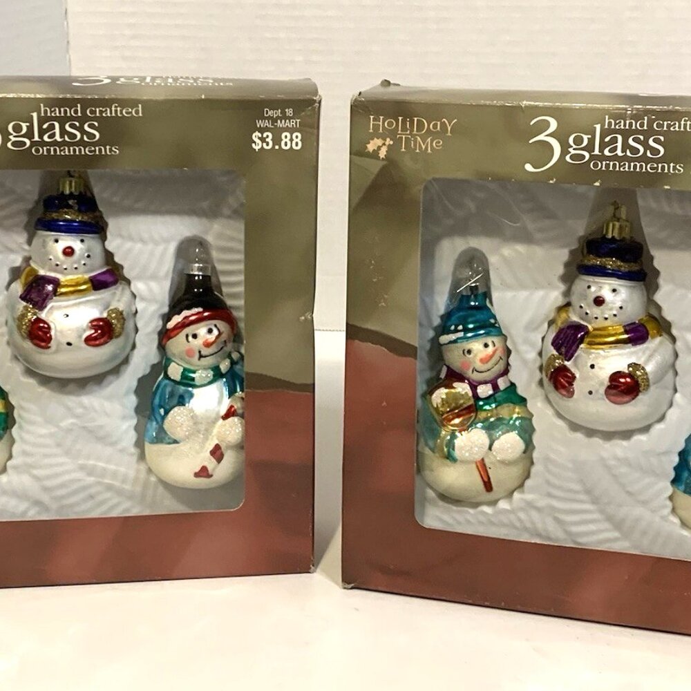 Vtg. Holiday Time Glass Christmas Ornaments Snowman Set Of 3